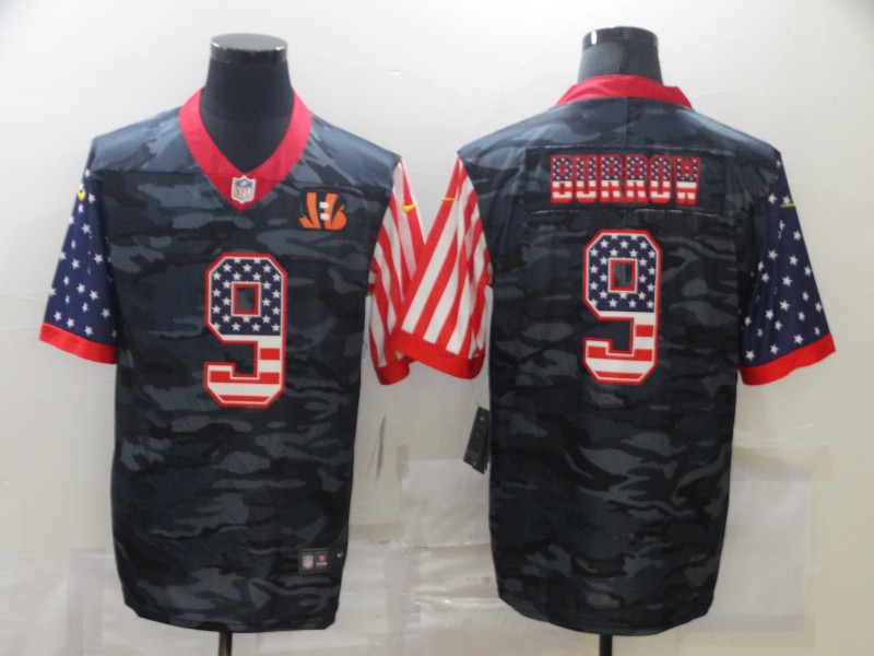 Men's Cincinnati Bengals #9 Joe Burrow 2020 Camo USA Flag Limited Stitched Jersey